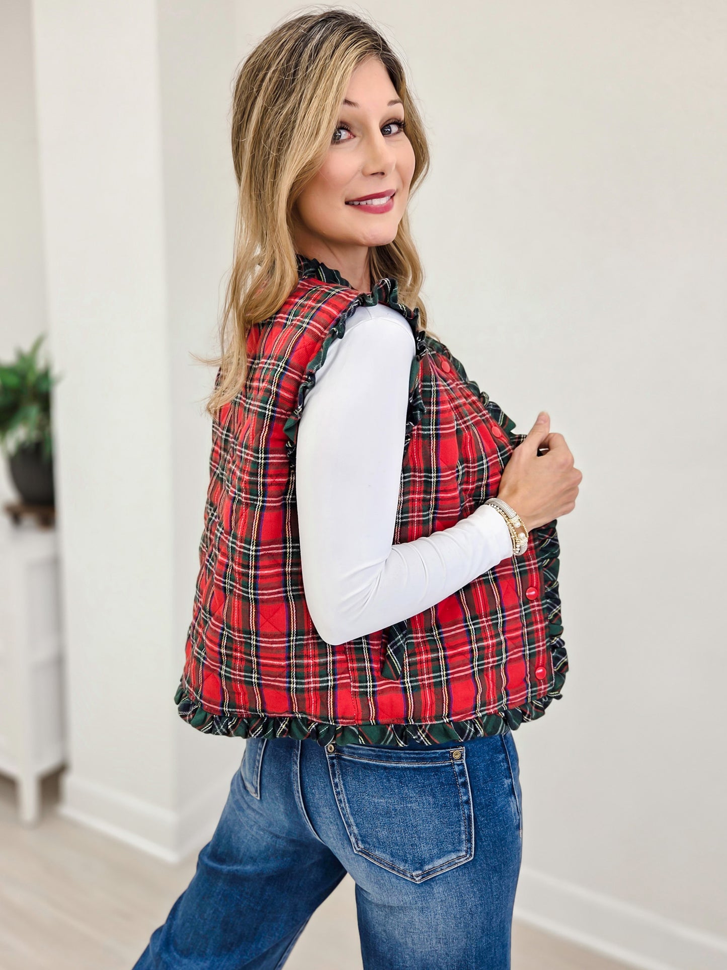 Tartan Check Quilted Ruffle Vest