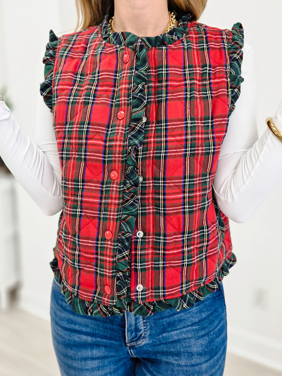 Tartan Check Quilted Ruffle Vest