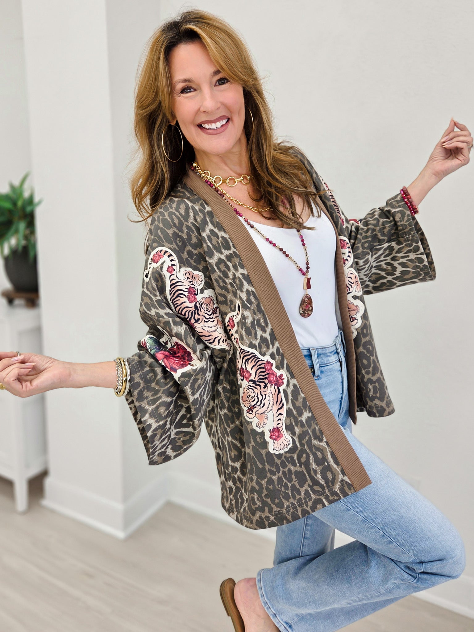 Tiger Embroidered Leopard Kimono Jacket