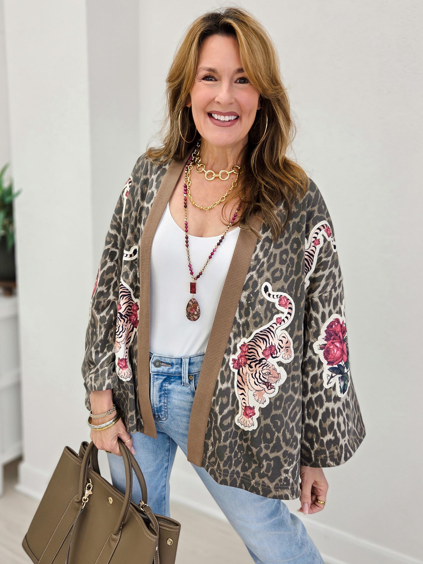 Tiger Embroidered Leopard Kimono Jacket