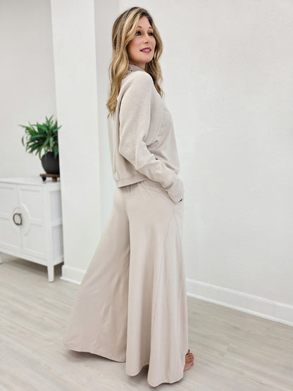 Lycra Textured Sleeve Top With Matching Wide Leg Pants