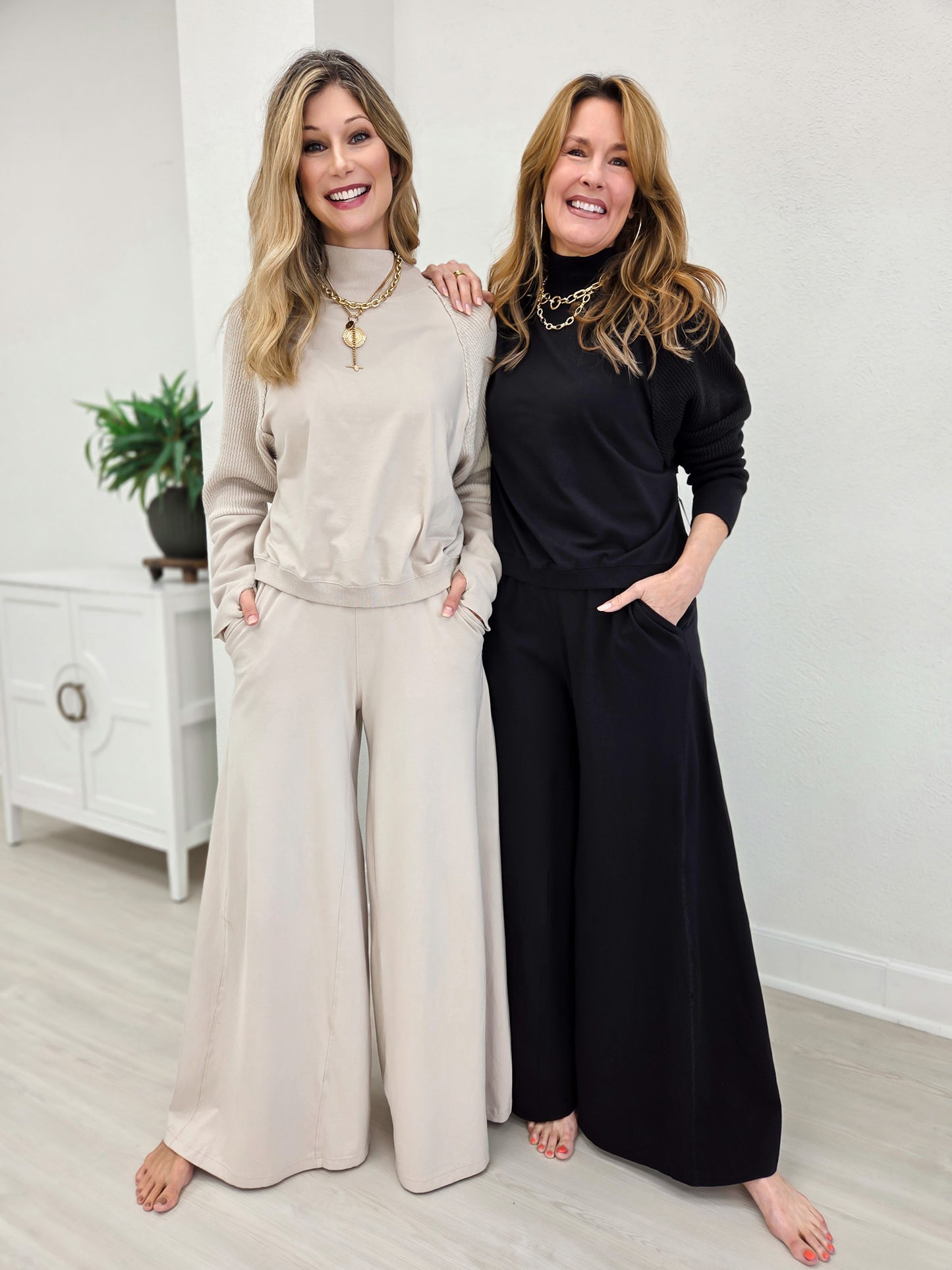 Lycra Textured Sleeve Top With Matching Wide Leg Pants