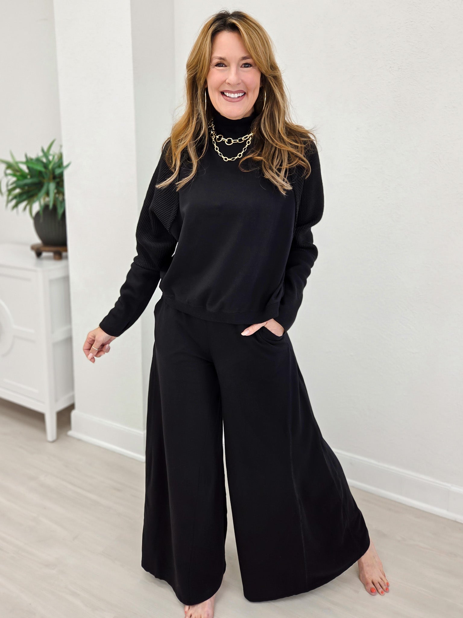 Lycra Textured Sleeve Top With Matching Wide Leg Pants