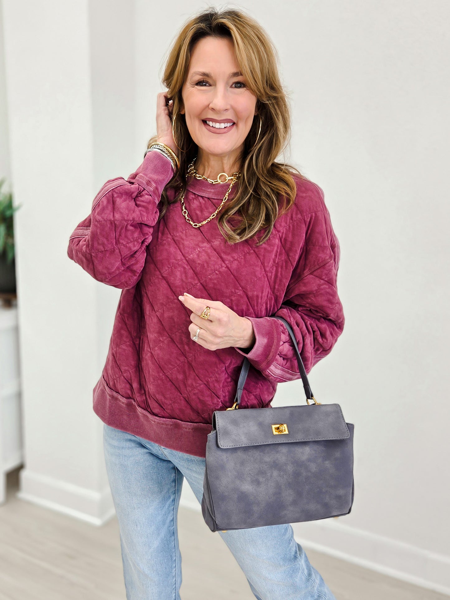 Mineral Washed Quilted Off The Shoulder Pullover