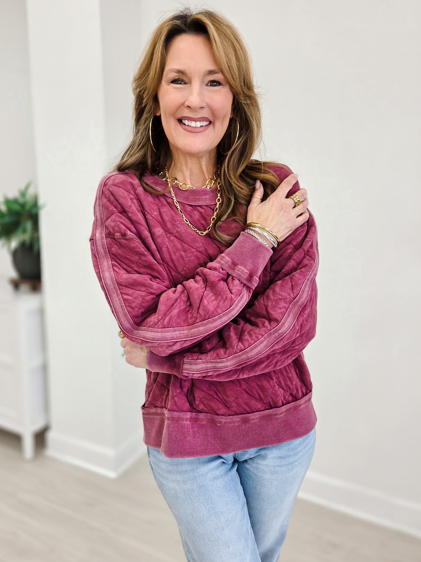 Mineral Washed Quilted Off The Shoulder Pullover