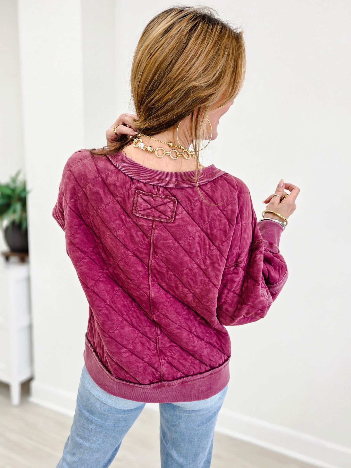 Mineral Washed Quilted Off The Shoulder Pullover