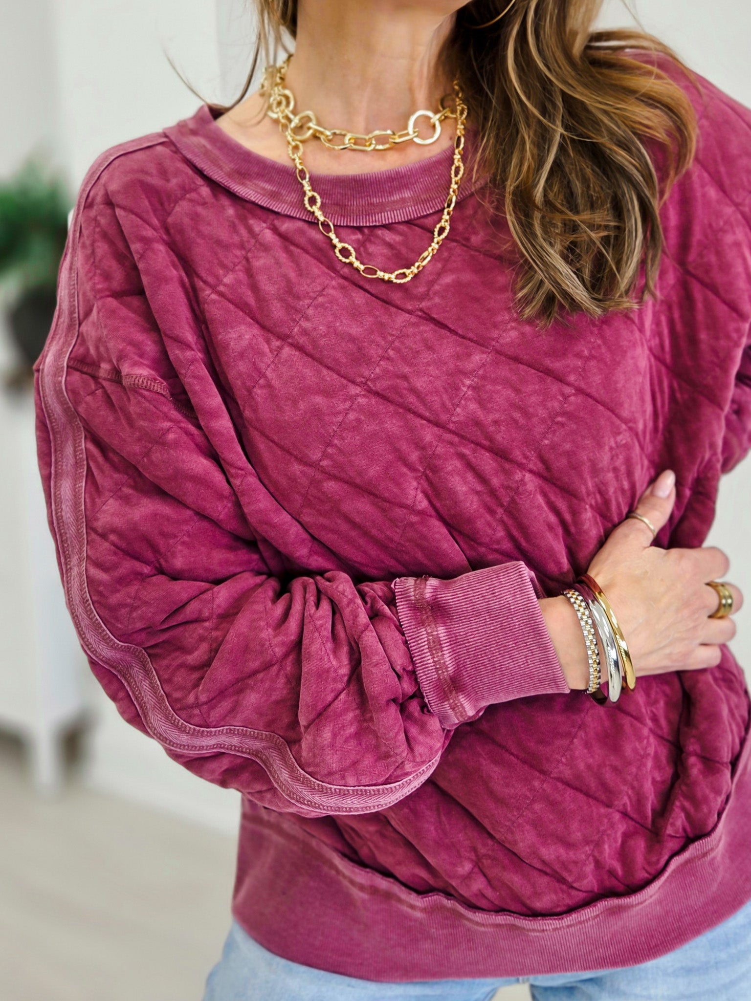 Mineral Washed Quilted Off The Shoulder Pullover