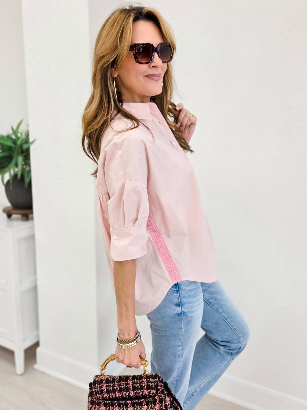 Boxy Button Down Top With Lace Detail
