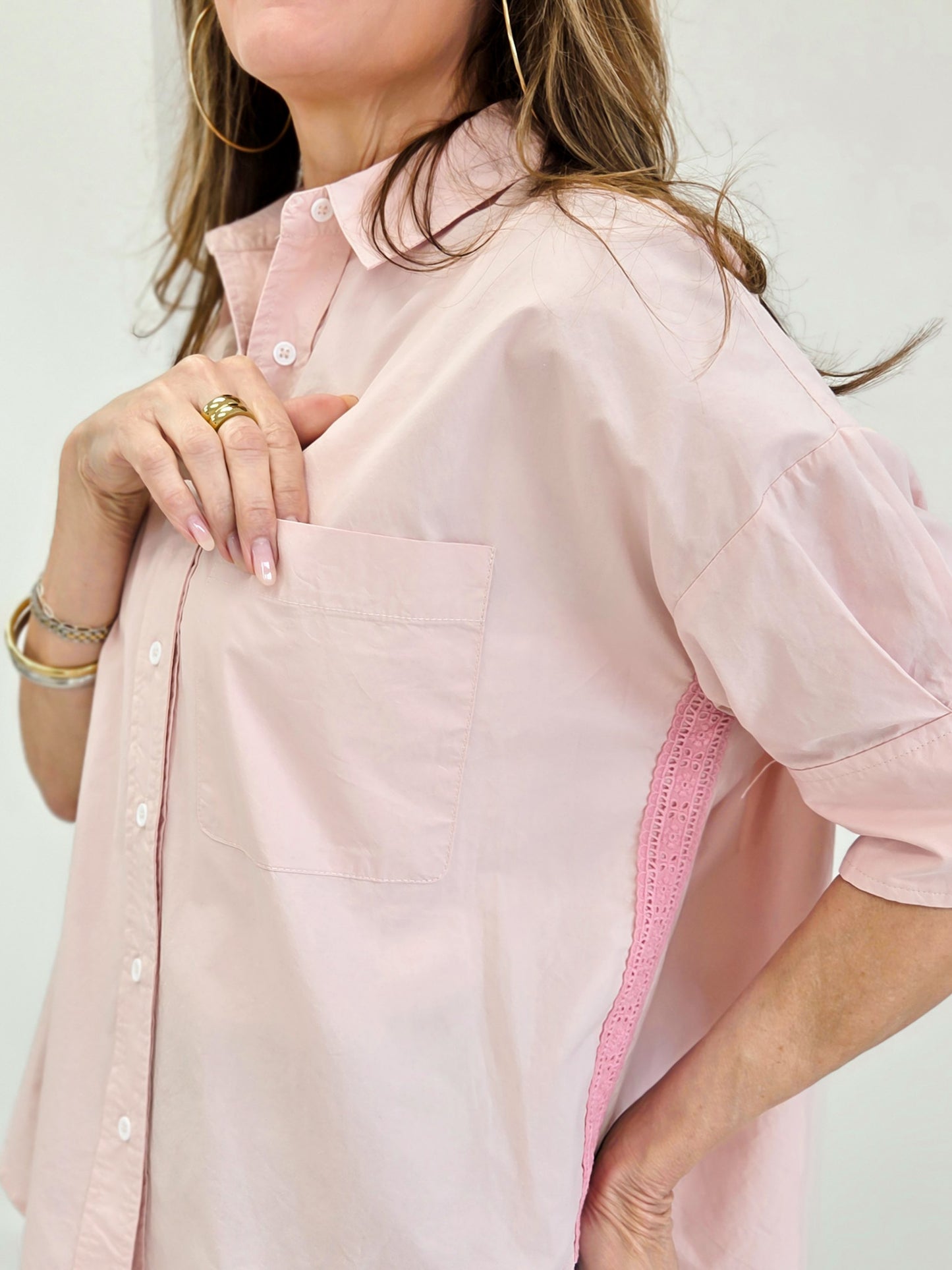 Boxy Button Down Top With Lace Detail