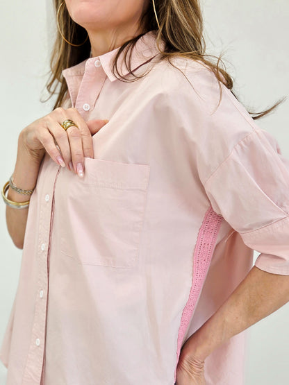 Boxy Button Down Top With Lace Detail