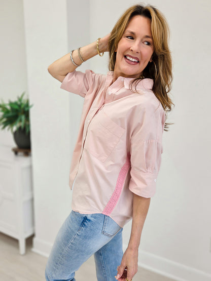 Boxy Button Down Top With Lace Detail