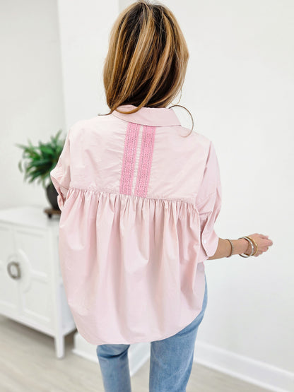 Boxy Button Down Top With Lace Detail