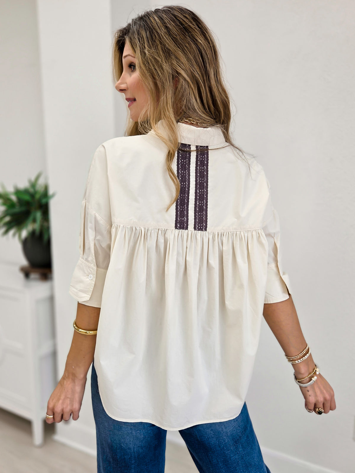 Boxy Button Down Top With Lace Detail