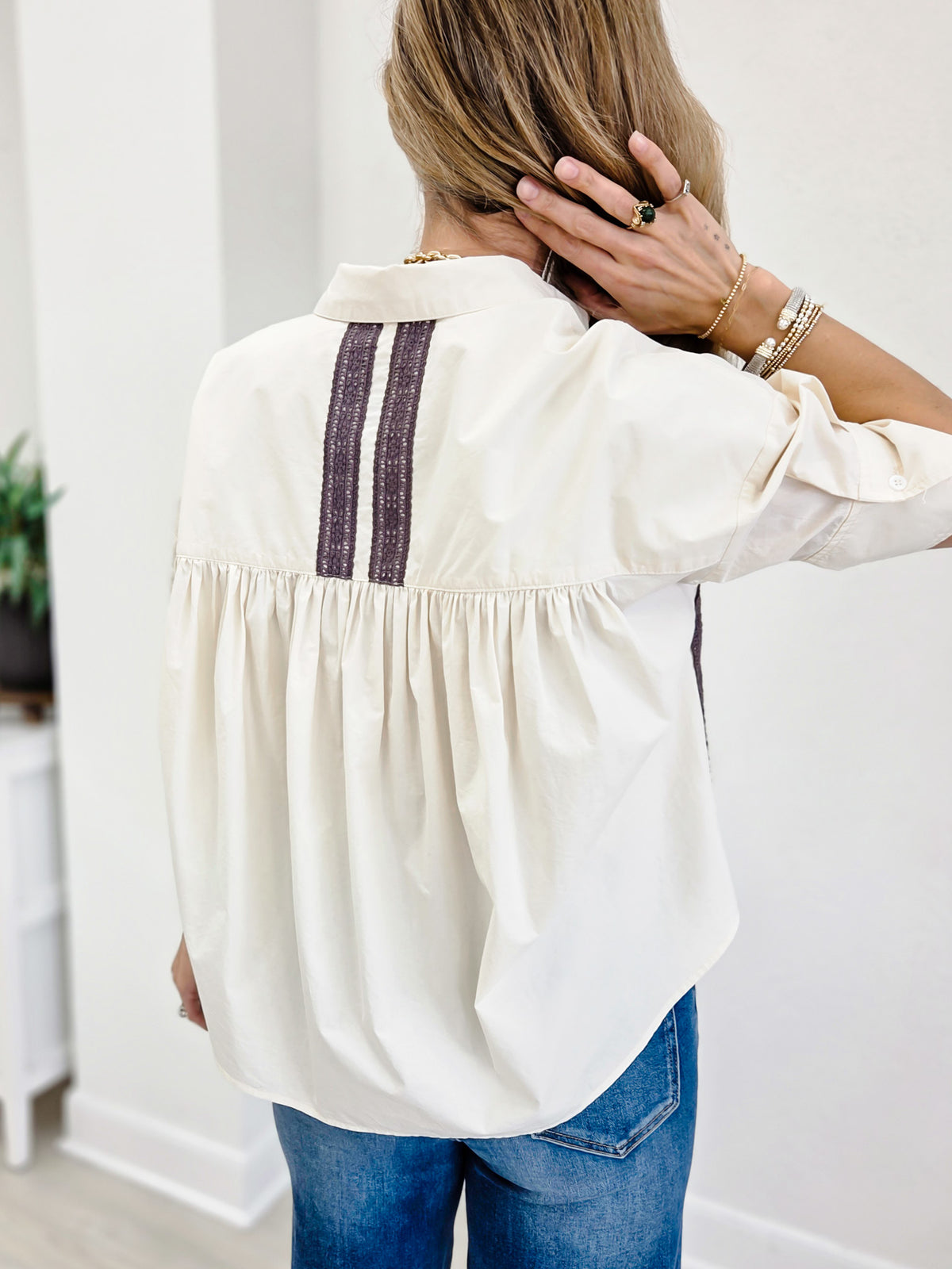 Boxy Button Down Top With Lace Detail
