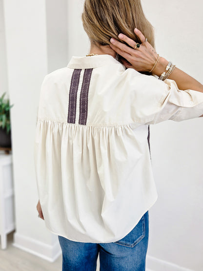 Boxy Button Down Top With Lace Detail