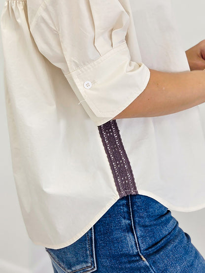 Boxy Button Down Top With Lace Detail