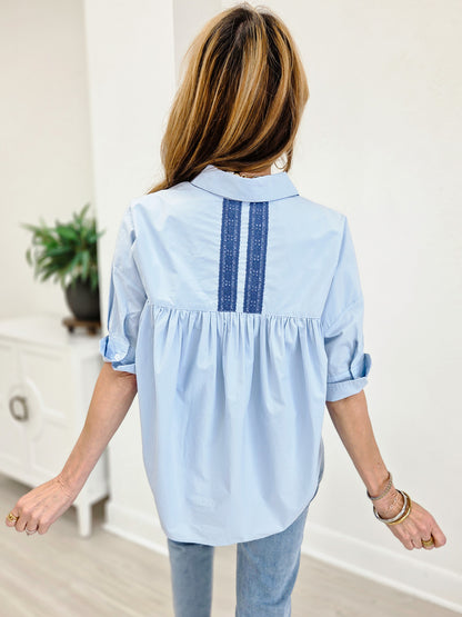 Boxy Button Down Top With Lace Detail