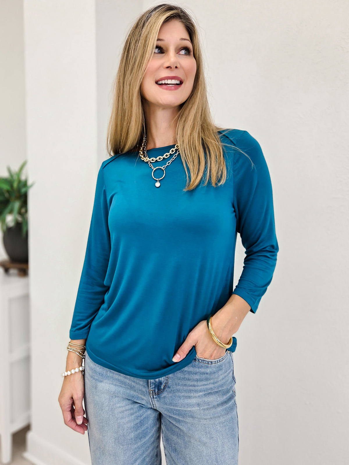 The Classic Charm 3/4 Sleeve Boat Neck Top - Campus Cool Collection