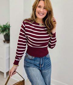 Boat Neck Stripe Fitted Waist Pullover Sweater