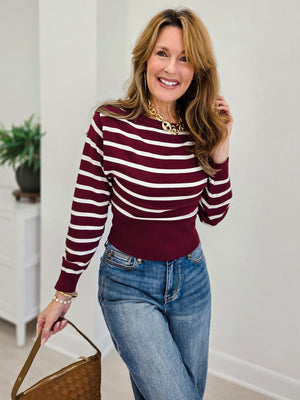 Boat Neck Stripe Fitted Waist Pullover Sweater
