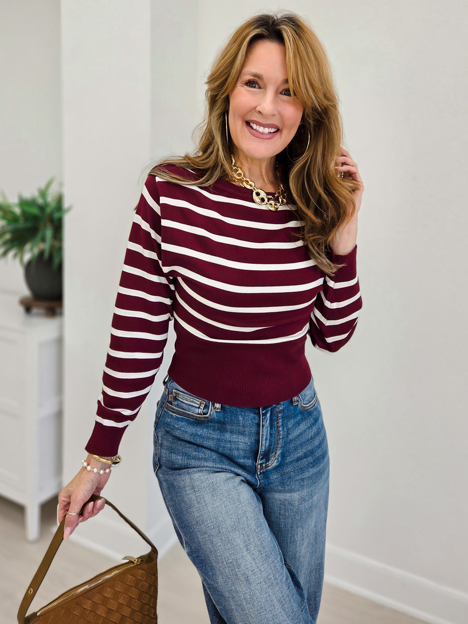 Boat Neck Stripe Fitted Waist Pullover Sweater