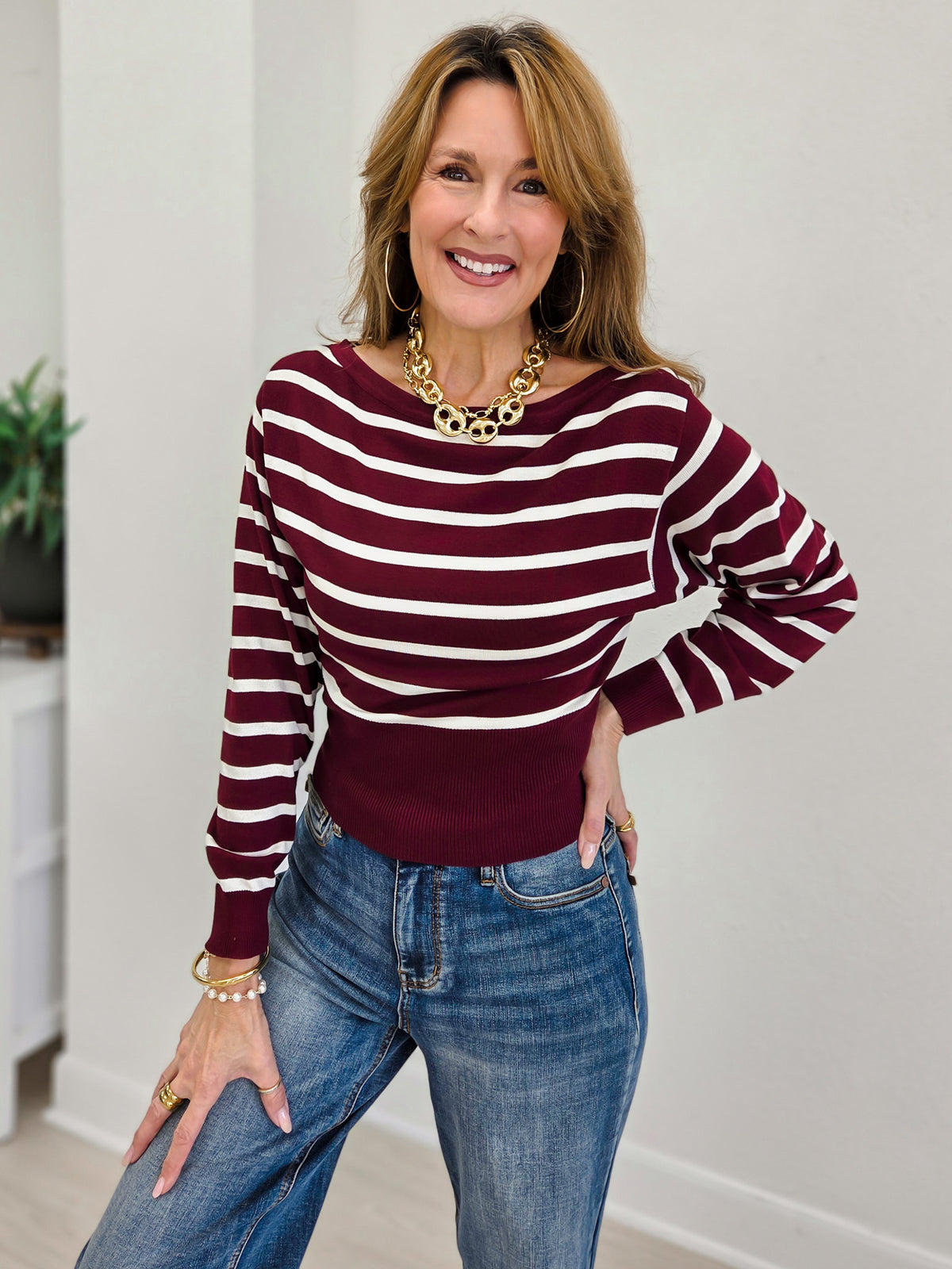 Boat Neck Stripe Fitted Waist Pullover Sweater