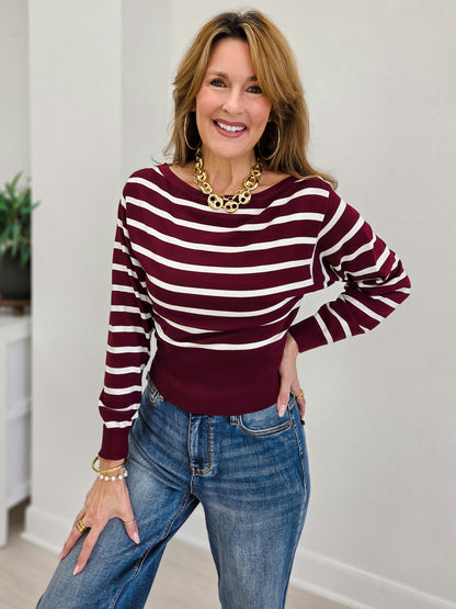 Boat Neck Stripe Fitted Waist Pullover Sweater