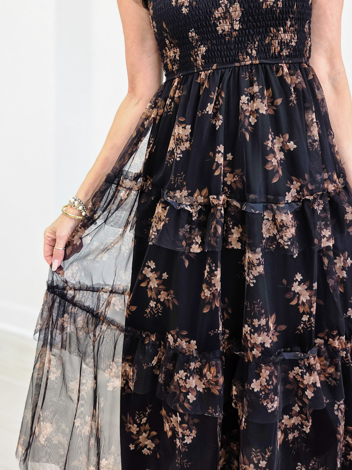 Smocked Tiered Floral Midi Dress