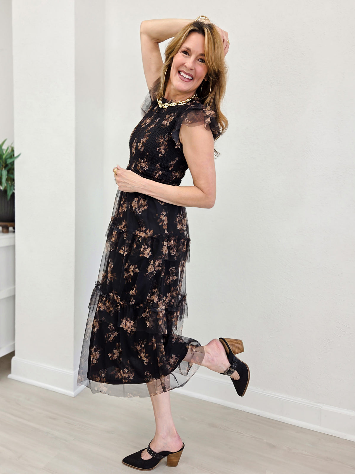 Smocked Tiered Floral Midi Dress