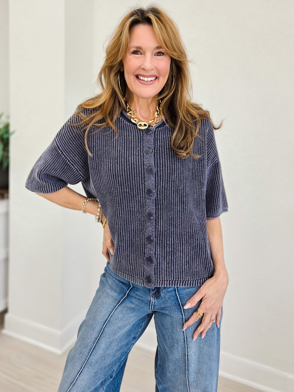 Ribbed Short Sleeve Rolled Edge Cardigan