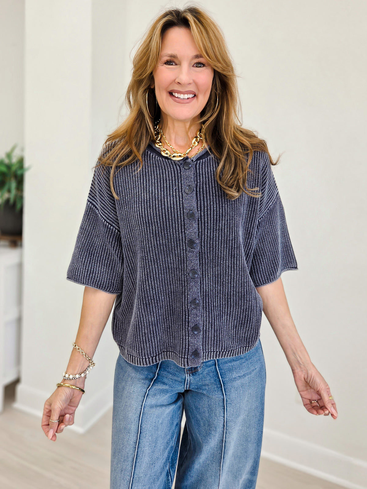 Ribbed Short Sleeve Rolled Edge Cardigan