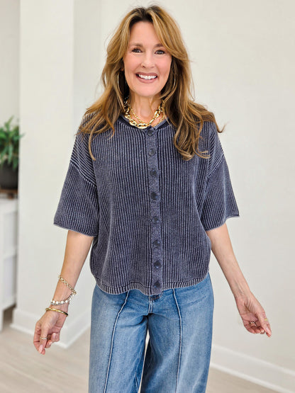 Ribbed Short Sleeve Rolled Edge Cardigan