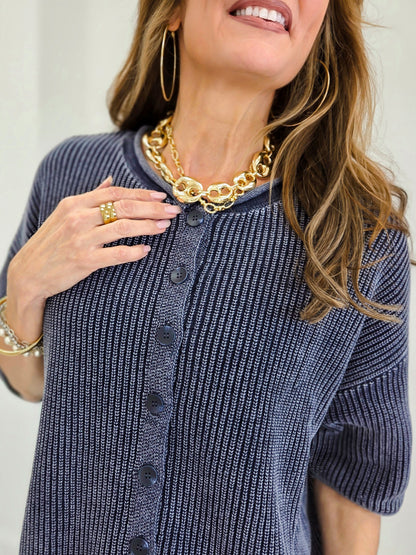 Ribbed Short Sleeve Rolled Edge Cardigan