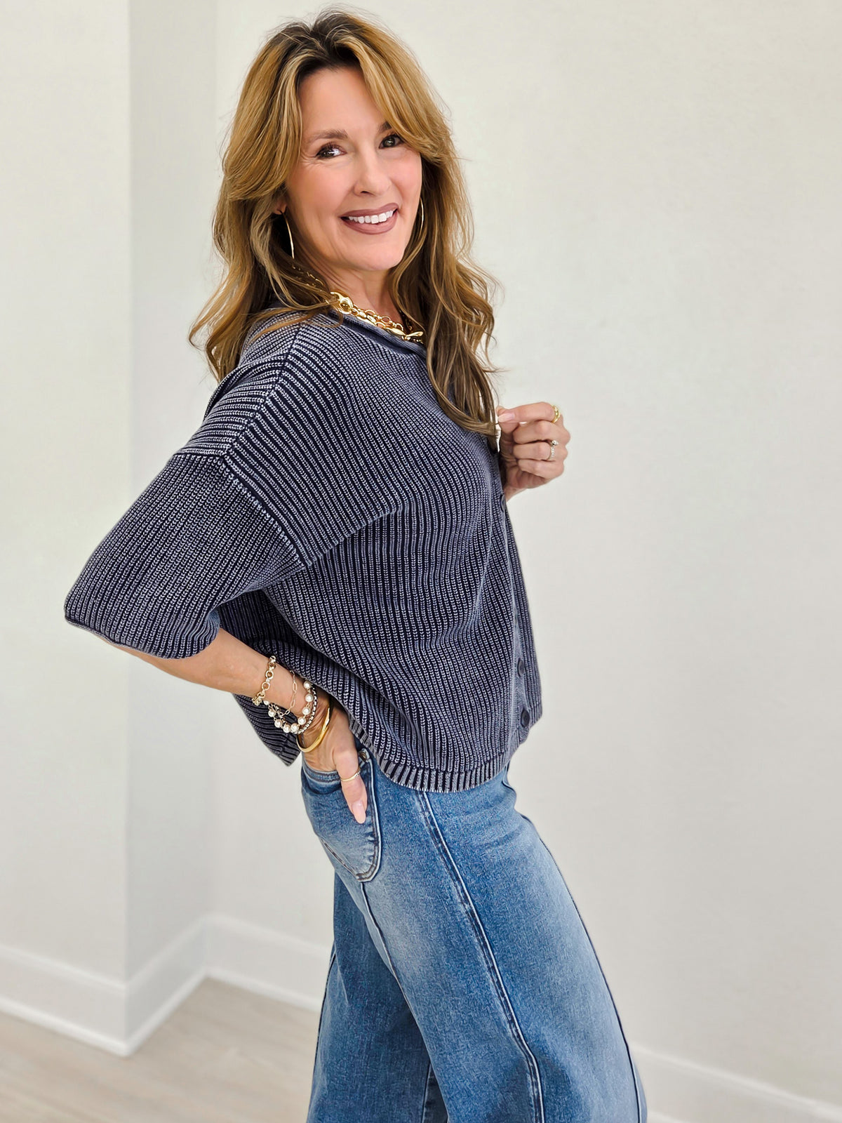 Ribbed Short Sleeve Rolled Edge Cardigan