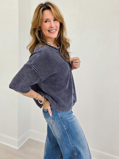 Ribbed Short Sleeve Rolled Edge Cardigan