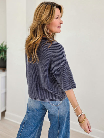 Ribbed Short Sleeve Rolled Edge Cardigan