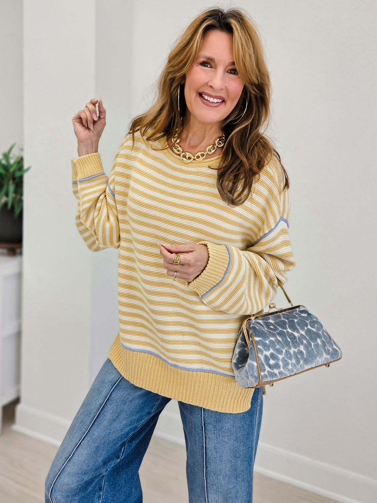 Stripe Contrast Stitch Raw Edge Knit Sweater