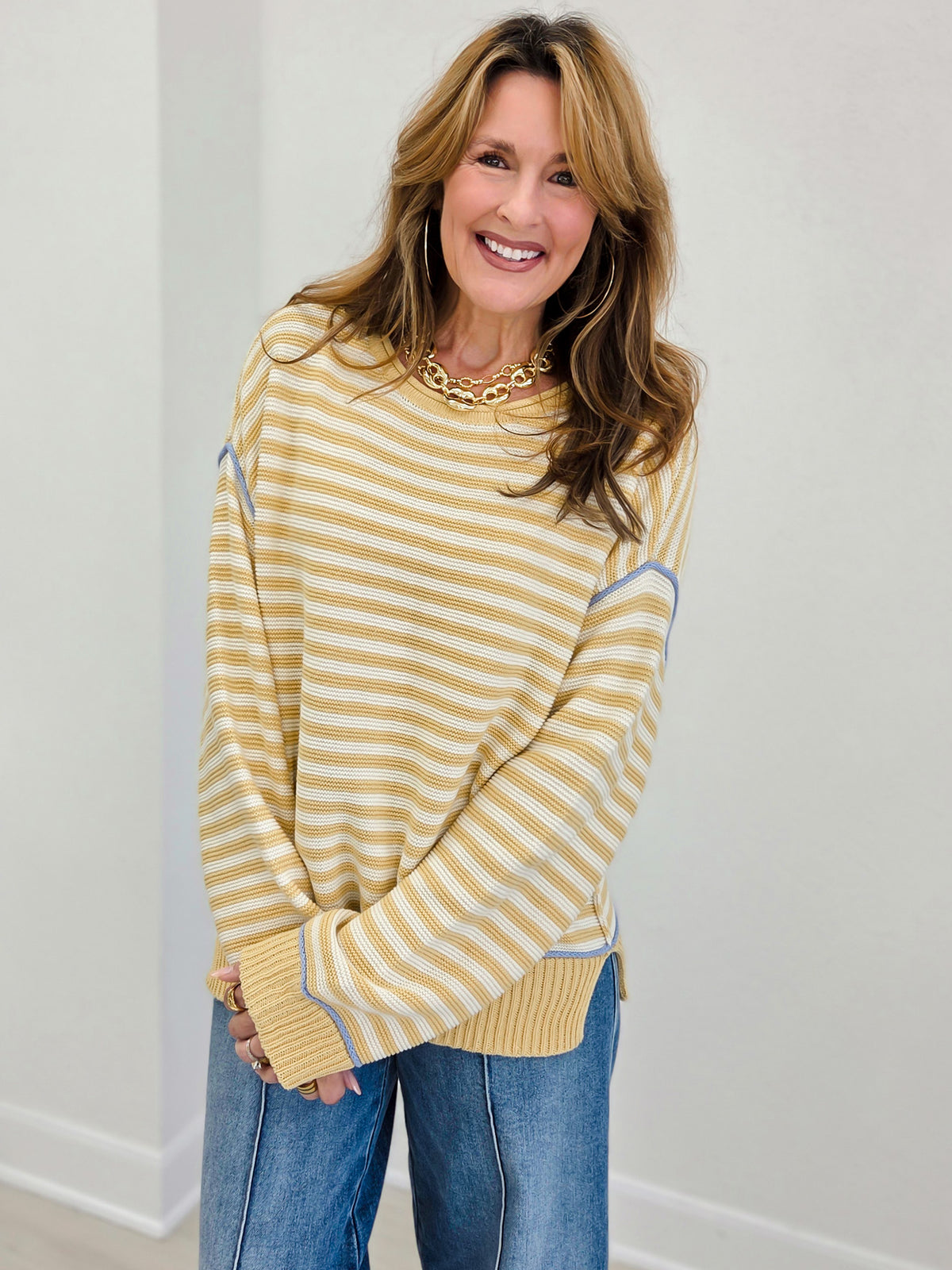 Stripe Contrast Stitch Raw Edge Knit Sweater