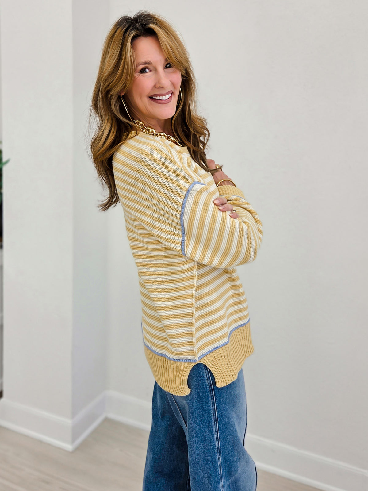 Stripe Contrast Stitch Raw Edge Knit Sweater