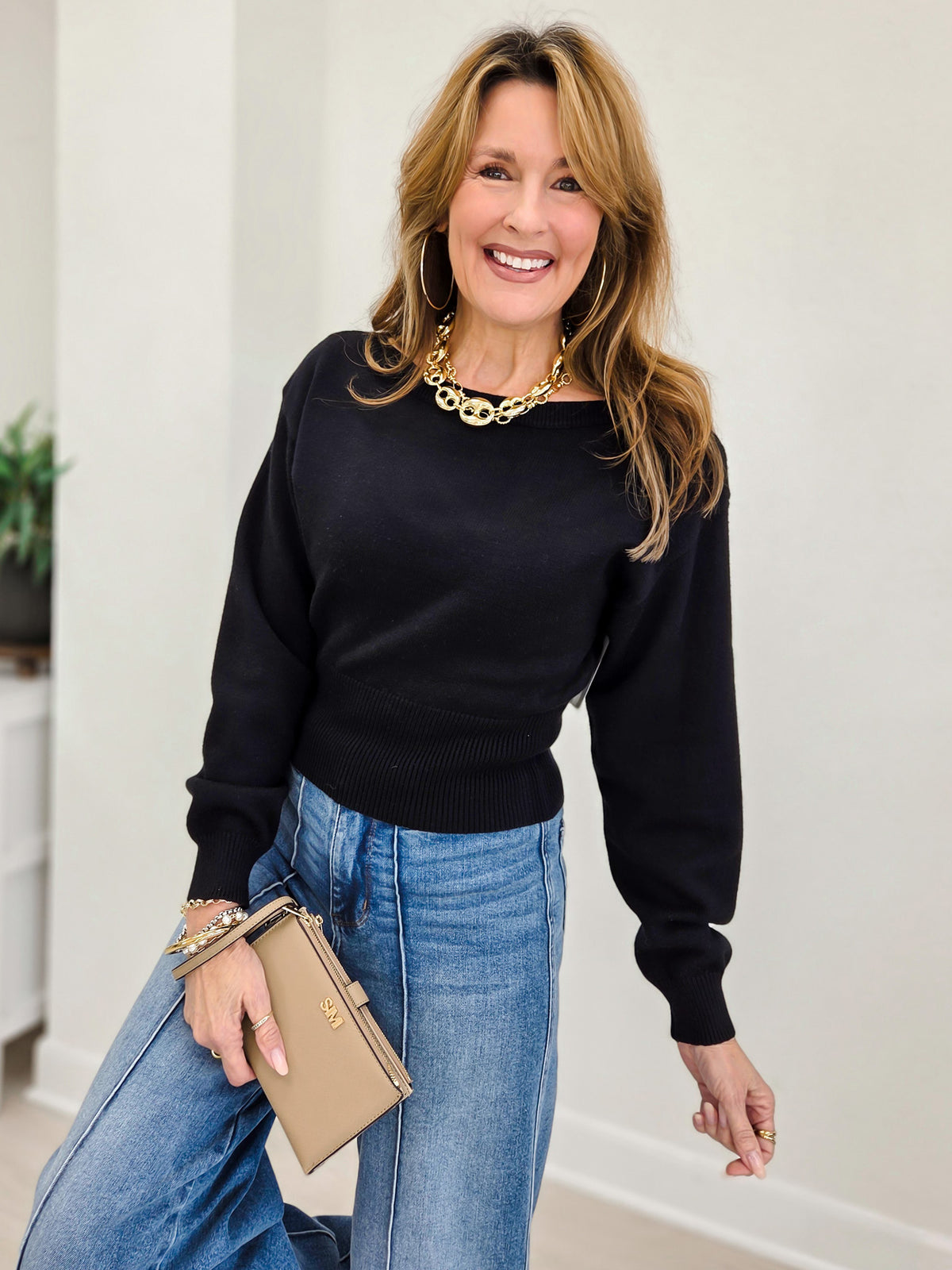 Boat Neck Knit Sweater With Dolman Sleeves