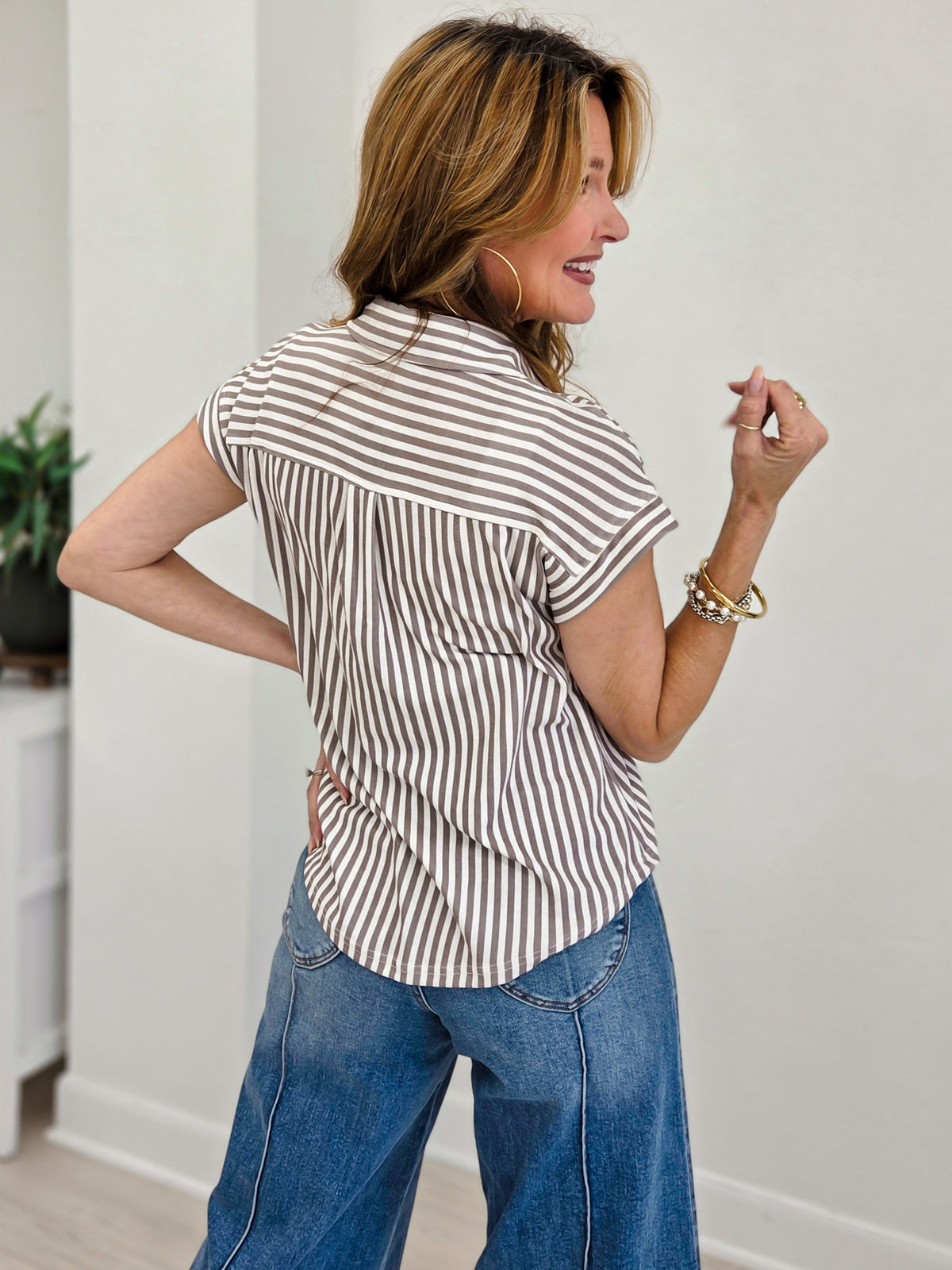 Stripe Collared Short Sleeve Button Down Top