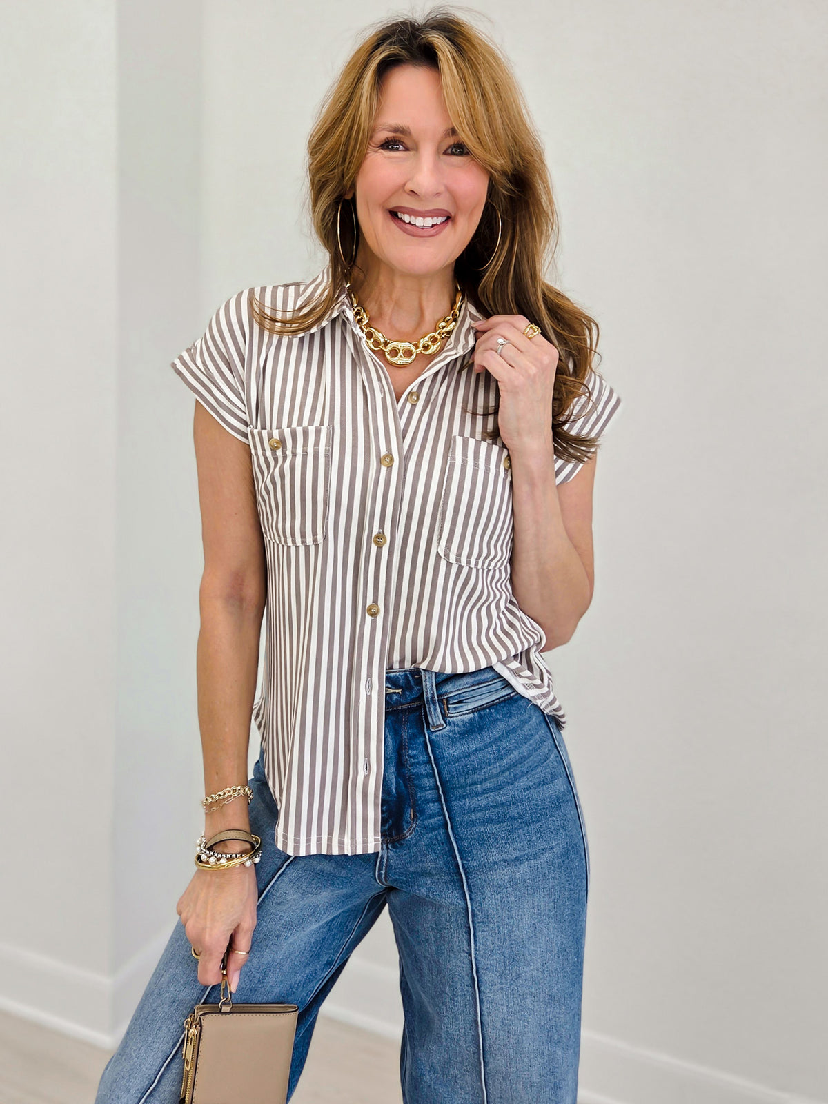 Stripe Collared Short Sleeve Button Down Top