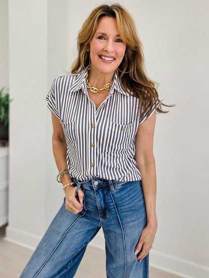 Stripe Collared Short Sleeve Button Down Top