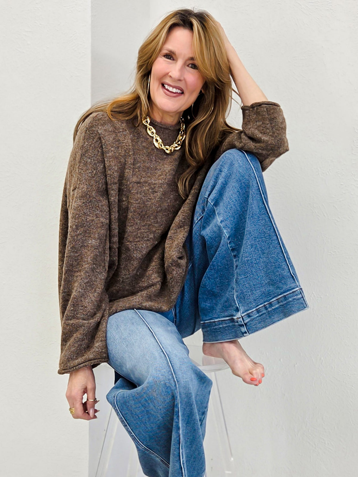 Heathered Checkered Texture Long Sleeve Sweater