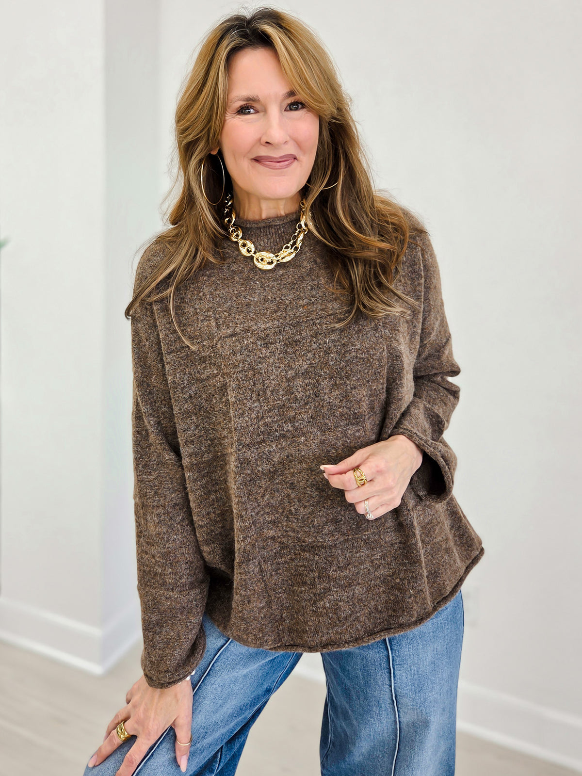 Heathered Checkered Texture Long Sleeve Sweater