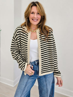 Striped Button Down Long Sleeve Contrast Cardigan