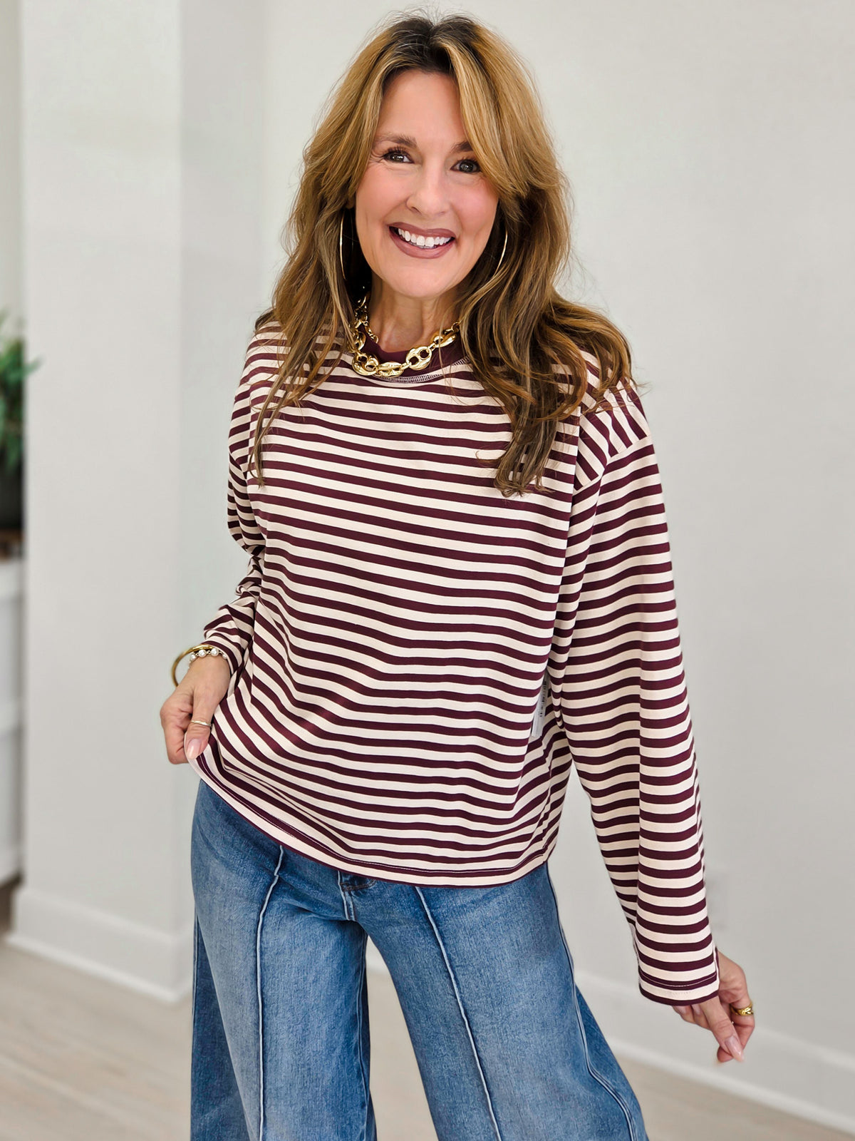 Striped Contrast Crew Neck Long Sleeve Knit Top
