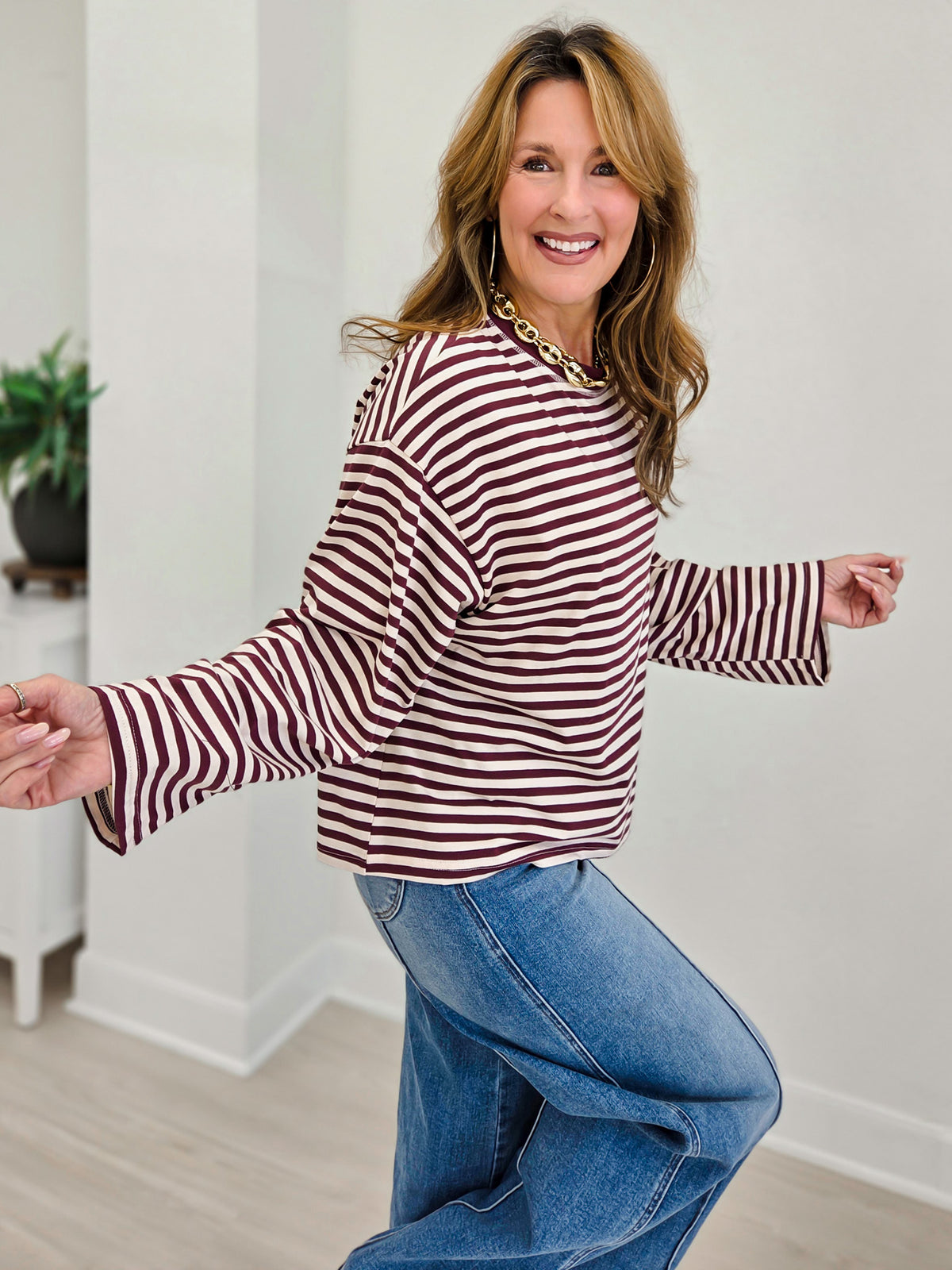 Striped Contrast Crew Neck Long Sleeve Knit Top