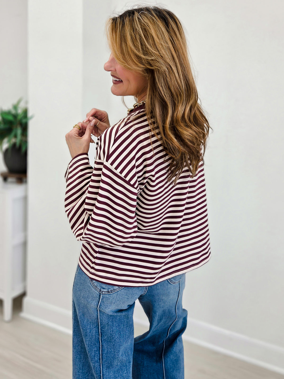 Striped Contrast Crew Neck Long Sleeve Knit Top