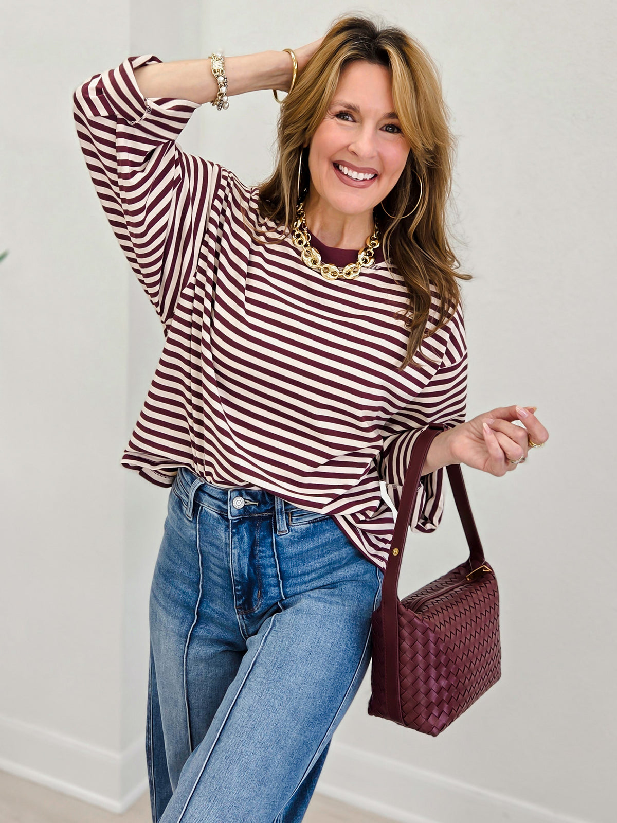 Striped Contrast Crew Neck Long Sleeve Knit Top